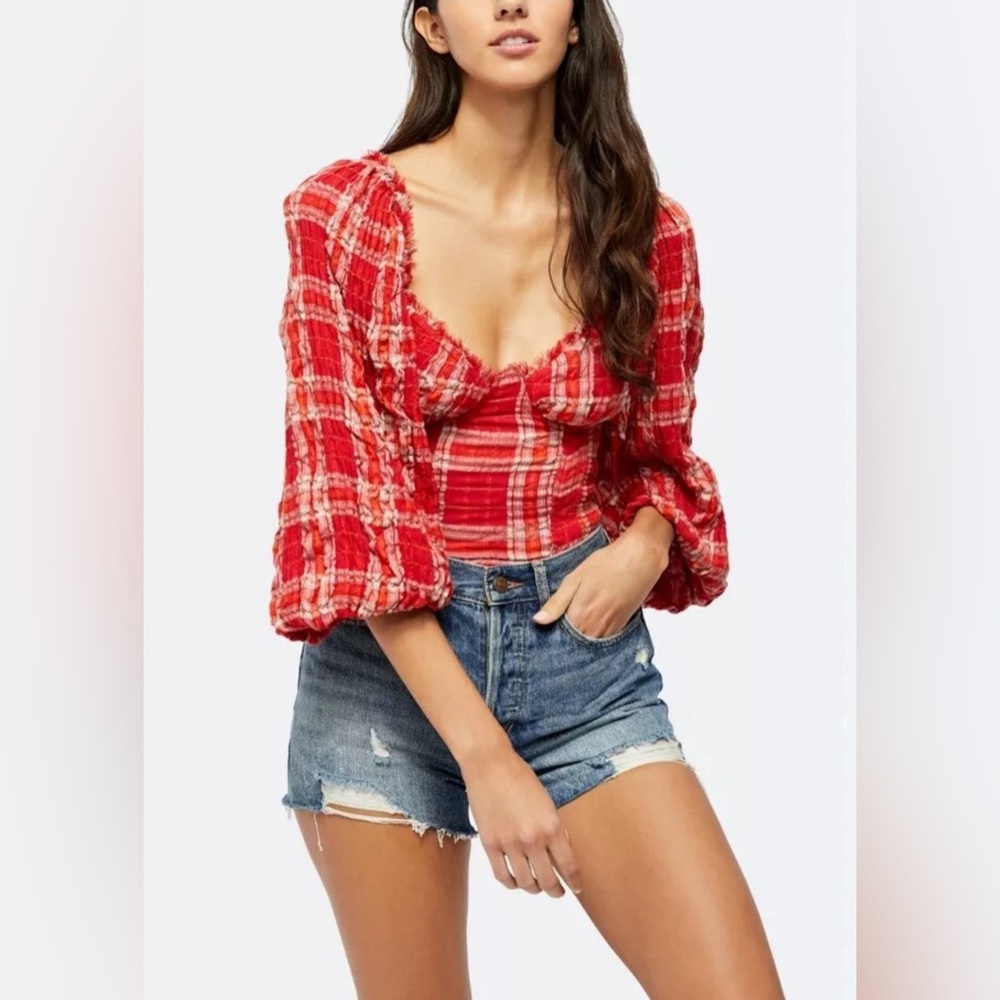 NWT! Free People Cherry Bomb Plaid Top Red Hot Smocked Bustier Blouse $88 Size S